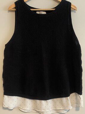 LOFT Sleeveless Sweater Top with Polkadot Trim, Large, Black/White